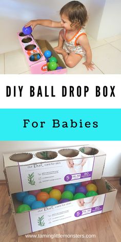 two boxes with balls in them and the words diy ball drop box for babies