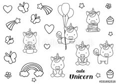 cute unicorns with balloons, stars and hearts on a white background hand drawn illustration