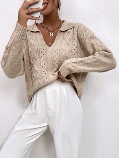 Casual Classy Outfits, Eyelet Sweater, Winter Mode Outfits, Pointelle Knit, Women Sweaters, Drop Shoulder Sweaters, Cute Fall Outfits, Autumn Outfit, Outfit Inspo Fall