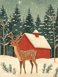 a deer standing in the snow next to a red barn and pine trees with snow falling on it