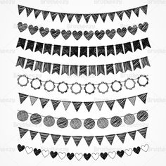 a set of hand drawn hearts and buntings