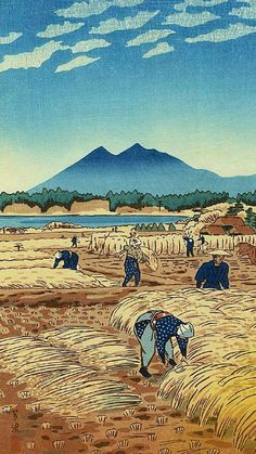 a painting of people working in a field with mountains in the background and blue sky