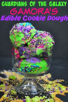 an edible cookie dough in a glass bowl with sprinkles