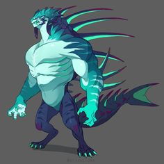 a drawing of a monster with green and blue colors on it's body, standing in front of a gray background