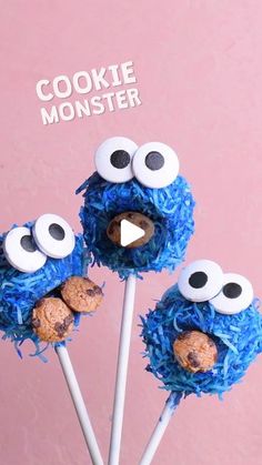 cookie monster cupcakes on sticks with googly eyes