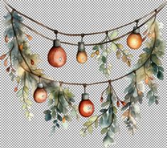 watercolor christmas lights hanging from a wire with leaves and acorns on them