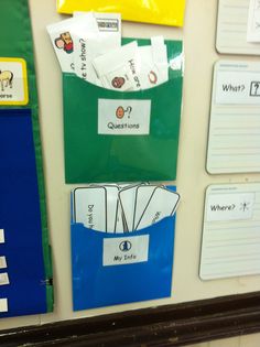 a bulletin board with different types of papers and magnets attached to the back of it