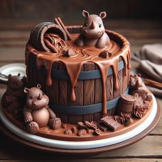 a cake with chocolate icing and animals on it