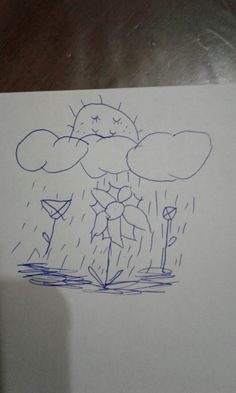 a drawing of a person holding an umbrella in the rain