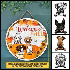 a sign that says welcome fall with dogs and sunflowers