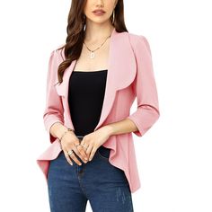 This 3/4 sleeve blazer jacket is crafted from premium fabric that is soft, lightweight, skin-friendly, and stretchy for comfortable wear. The draped open front blazer features classic 3/4 sleeves, flowy drape ruffle hem, lapel collar, solid color, and slim fit design for a professional look without being cumbersome. Suitable for formal occasions like schools, offices, and meetings, as well as casual events such as coffee outings and parties. Can be paired with navel suspenders, vests, skirts for Spring Office Wear Outerwear With 3/4 Sleeves, Fitted Solid Color Cardigan For Office, Chic 3/4 Sleeve Outerwear For Business Casual, Fitted Cardigan For Office, Formal 3/4 Sleeve Blazer, 3/4 Sleeve Blazer For Office In Spring, Chic 3/4 Sleeve Business Casual Outerwear, Tailored Spring Cardigan For Work, Spring Open Front Solid Blazer