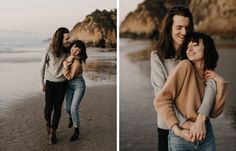 two women hugging each other on the beach and one woman is holding another woman's back