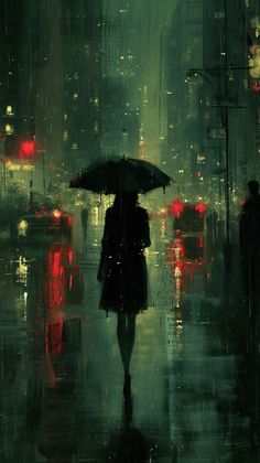 a woman with an umbrella is walking in the rain at night on a city street