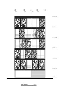 an architectural drawing of a tall building with lots of windows