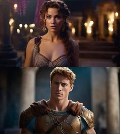 two different pictures of the same man and woman in roman costumes, one is wearing armor