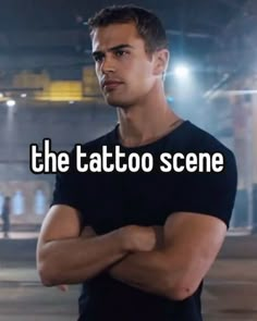 a man standing with his arms crossed in front of the camera text reads, the tattoo scene