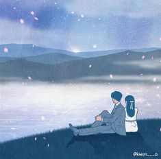 two people sitting on a hill looking out at the water and stars in the sky