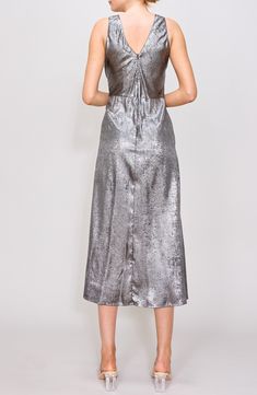 Be party-perfect in this shimmering silvery midi shaped by rippled ruching and punctuated with a flared skirt that's ready for the dancefloor. 49" length (size medium) Hidden back-zip closure V-neck Sleeveless Unlined 100% polyester Hand wash, line dry Imported Outfit Wedding Guest, Sleeveless Midi Dress, Platform Slippers, Beauty Services, Beauty Sale, Luxe Gifts, Fabric Gifts, Midi Dress Sleeveless, Free Fabric