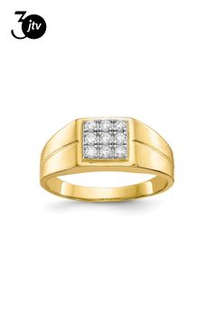 10K yellow gold polished men's ring with a square cluster of nine round cubic zirconia stones. Band width measures approximately 1/8". Polished Man, Ring Spacer, Michael Kors Fashion, School Jewelry, Popular Jewelry, Cubic Zirconia Rings, Men's Ring, Gold Polish, Womens Glasses