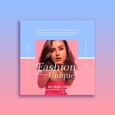 the fashion unique flyer is displayed on a pink and blue background with an image of a woman's face