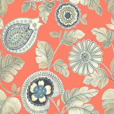 an orange wallpaper with flowers and birds on it