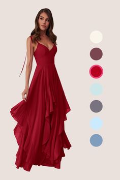 This flowy dress features double adjustable spaghetti straps with a bow tie at the shoulders, pockets, and a ruffled tier handkerchief cut skirt. Mulberry Bridesmaid Dresses, Red Flowy Dress, Rust Bridesmaid Dress, Evening Accessories, Burgundy Bridesmaid, Floor Length Chiffon Bridesmaid Dresses, Mother Wedding Dress, Chiffon Bridesmaid Dresses, Red Bridesmaid Dresses