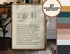 a poster with the words talon on it in front of a table and potted plant