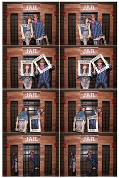 multiple shots of a man holding up a newspaper in front of a jail cell door