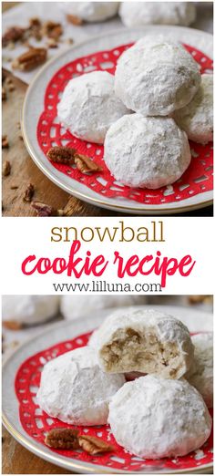 two pictures of snowball cookies on a red and white plate with pecans in the background