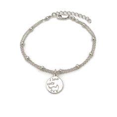 "Sterling silver 'I love cats' bracelet. This double strand sterling silver bracelet is a fun design to wear and will make a perfect gift for cats lover or for yourself. Sterling silver charm measures 14x12mm. All components are sterling silver. Adjustable length from 6.5\" to 7.5\". Please leave a note during checkout if you need different length. PERSONALIZATION: Add an initial charm here: etsy.me/2vqe7pr Add a sterling silver cubic zirconia birthstone here: etsy.me/2O4TBFR Add a Swarovski cry Angel Bracelet, Owl Bracelet, Sterling Silver Owl, I Love Cats, Cat Bracelet, Sterling Silver Cat, Owl Jewelry, Silver Cat, Initial Charm