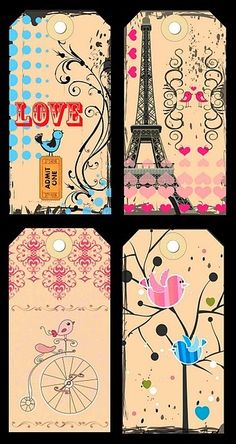 four tags with the eiffel tower in paris, france and birds on them