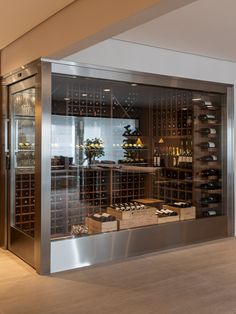 a large wine cellar with lots of bottles in it's glass doors and shelves