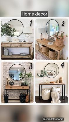 four pictures of different types of furniture and mirrors on the wall, including a table with baskets