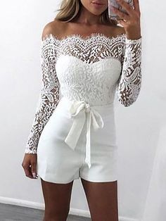 Shop Fuera del hombro pestañas encaje patchwork con cinturón mameluco – Discover sexy women fashion at Boutiquefeel Wedding Rompers, Belted Romper, Lace Patchwork, Lace Romper, Trend Fashion, Rompers Women, Playsuit, Look Fashion, Jumpsuits For Women