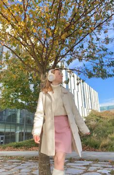 Ideas For Christmas Outfits, Pink And Cream Outfit Aesthetic, Blush Pink Winter Outfit, Light Pink And White Outfit Ideas, Pink White Skirt, Pink Rain Coat Outfit, Light Pink Mini Skirt Outfit, Cold Winter Outfits Skirt, 60s Winter Coat