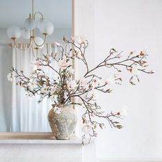 a vase filled with flowers sitting on top of a white counter next to a mirror