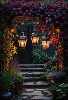 an outdoor garden with flowers and lights