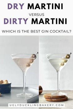 the left image is a slightly tinted dirty martini in a martini glass garnished with three olives next to a bowl of olive poppers. On the right is a clear martini in a martini glass garnished with three olives on two coasters next to a jigger. The title says Dry Martini versus Dirty Martini. Which is the Best Gin Cocktail. The website ugly duckling bakery dot com is below. Salty Appetizers, Best Dirty Martini Recipe, Dry Martini Recipe, Dry Gin Martini, Best Martini Recipes, Fall Cocktail Party, Black Dress Simple, Best Gin Cocktails