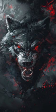 a wolf with red eyes and fangs on it's face