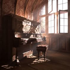 an old piano sitting in the middle of a room with sunlight streaming through it's windows