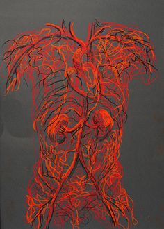 an image of a red and black drawing on a gray background with the shape of a human body