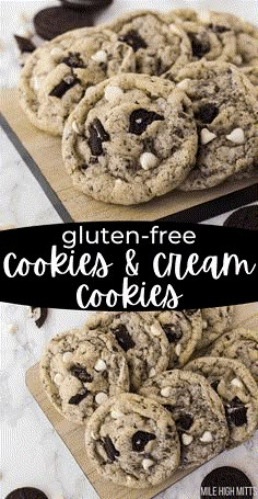 chocolate chip cookies and cream cookies on a cutting board with the words gluten - free cookies and cream cookies