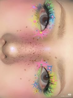 Kidcore Makeup Looks, Extravagant Eye Makeup, Subtle Clowncore Makeup, Pink And Yellow Makeup Looks, Fun Makeup Ideas Easy, Decora Kei Makeup, Artistry Makeup Looks, Colorful Makeup Aesthetic