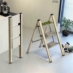 two ladders are standing next to each other in an empty room with potted plants