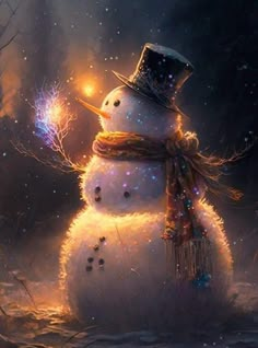 a snowman wearing a top hat and scarf with sparklers in the background,