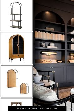 an open bookcase with shelves and chairs in it