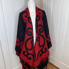 Beautiful Black & Red Poncho One Size Fabric Is 100% Acrylic Black Poncho With Scarf, One Size, Black Poncho With Scarf One Size, Red One-size Poncho Cape, Red One-size Cape Poncho, Red One-size Cape Shawl, Black Poncho With Scarf For Winter, Red One Size Cape Poncho, Black Winter Poncho With Scarf, Winter Black Poncho With Scarf Detail