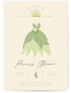 the princess and the frog birthday party card is shown with an illustration of a dress on it