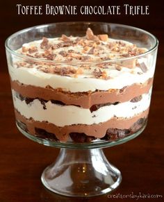 a layered chocolate trifle in a glass dish