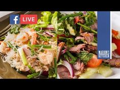 a plate with meat, lettuce and tomatoes on it next to the facebook live logo